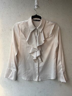 Zara Ivory Pearl Button Ruffle Blouse Jabot Collared Shirt S